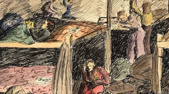 Fonte: http://bbc.in/1kFuulu Helga Weissova, de 14 anos quando foi libertada, retratou o quarto das mulheres antes da inspeção da Cruz Vermelha.