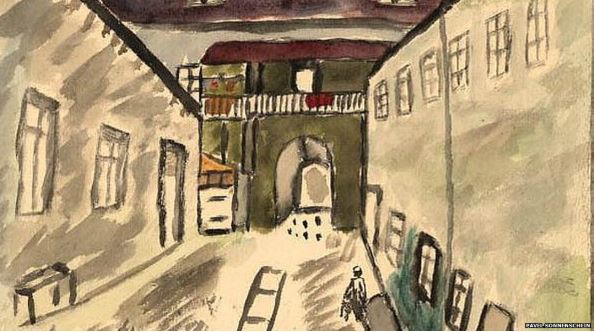Fonte: http://bbc.in/1kFuulu Pavel Sonnenschein, falecido aos 13 anos, desenhou os interiores do gueto.